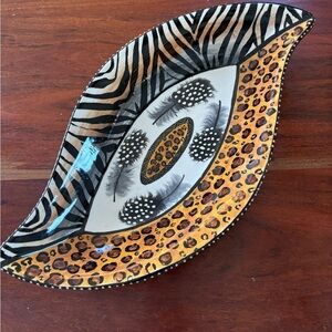 Nivek Africa Oval Swirl Dish Guinea Feather Design Hand Painted Zimbabwe
